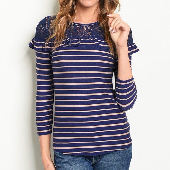 Navy Blue Tan Stripe Lace Ruffle Soft Stretch Top - Picture 2 of 7